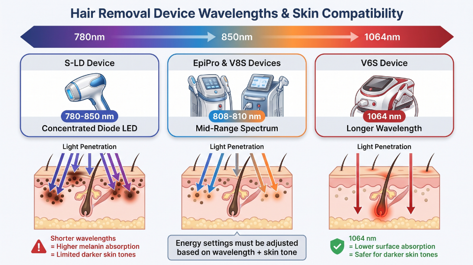 Hair removal device wavelengths and skin compatibility infographic