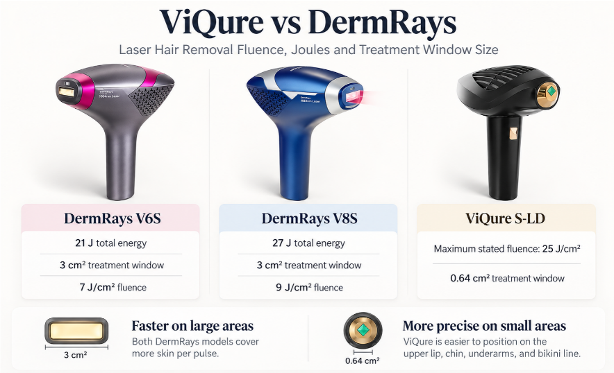 ViQure vs DermRays: Laser Hair Removal Fluence, Joules and Treatment Window Size comparison